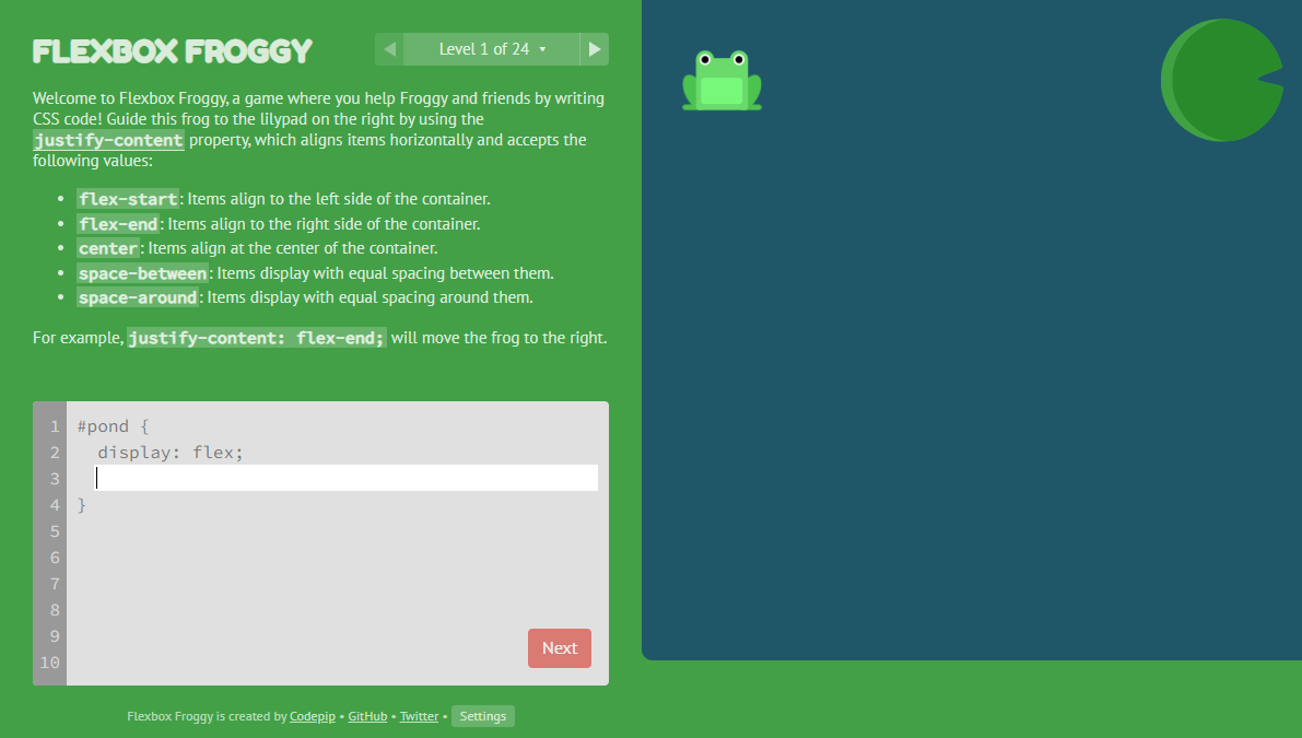 Flexbox Froggy - A game for learning CSS flexbox.png