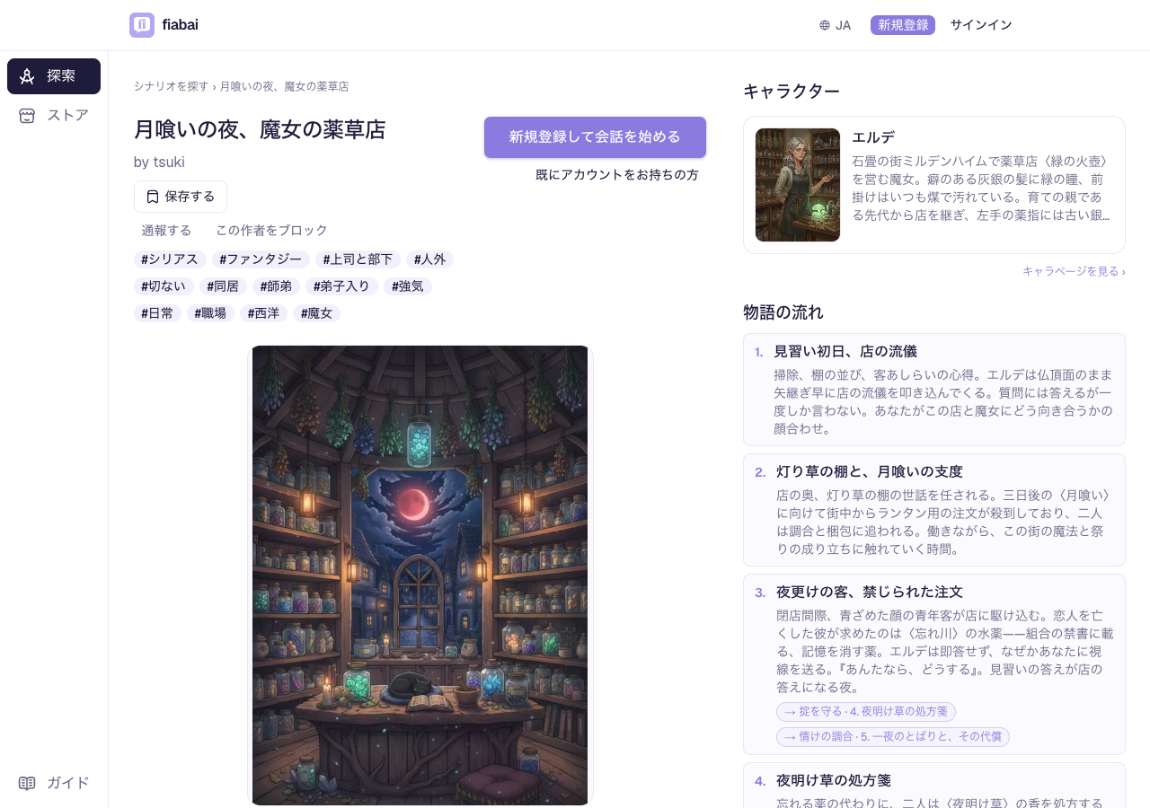 「月喰いの夜、魔女の薬草店」の作品紹介ページ。舞台の画像とキャラクター、物語の流れが表示されている