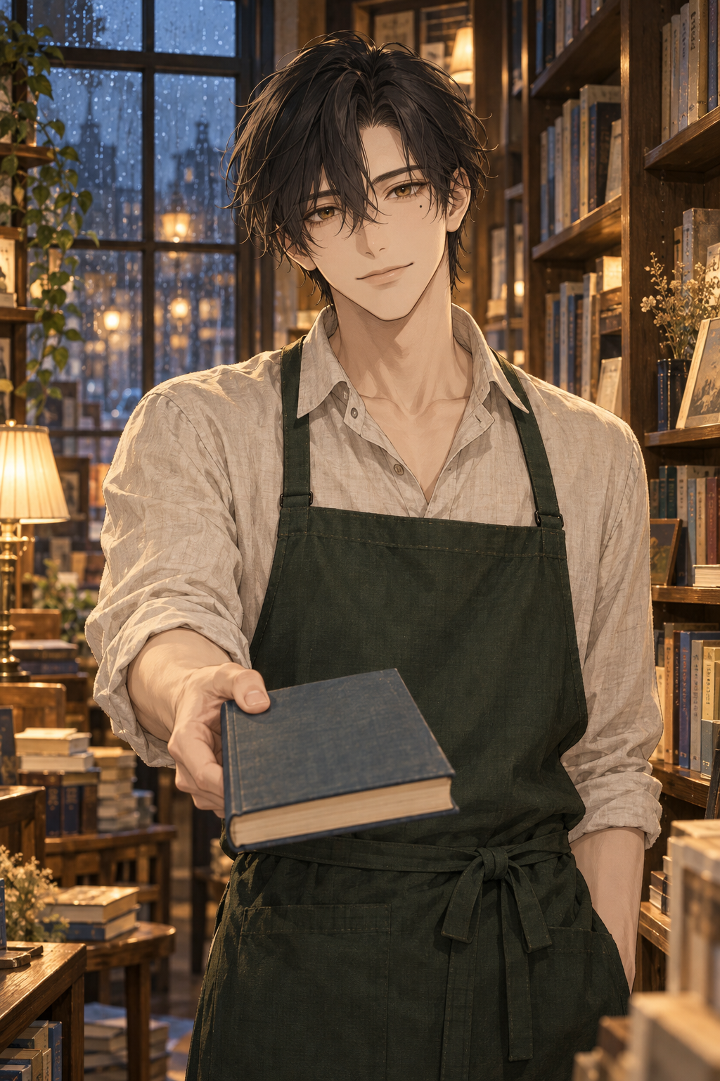 古書店で一冊の本を差し出す黒瀬 灯