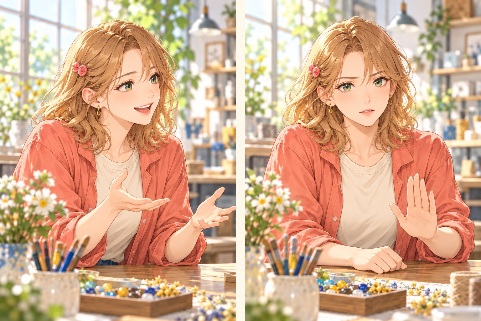 同じ創作キャラが、左では笑顔でくだけて話し、右では真剣な表情で相手に伝える、普段と本気で怒ったときのイメージ