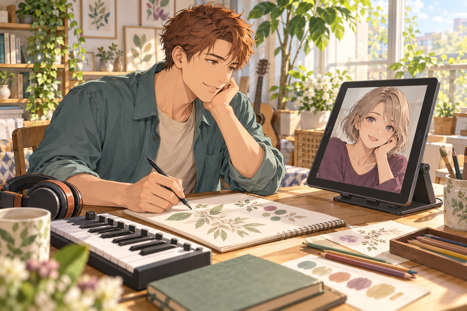 スケッチや音楽制作の道具を置いた机で、成人の男性が画面内の成人AIキャラと向き合う架空の場面