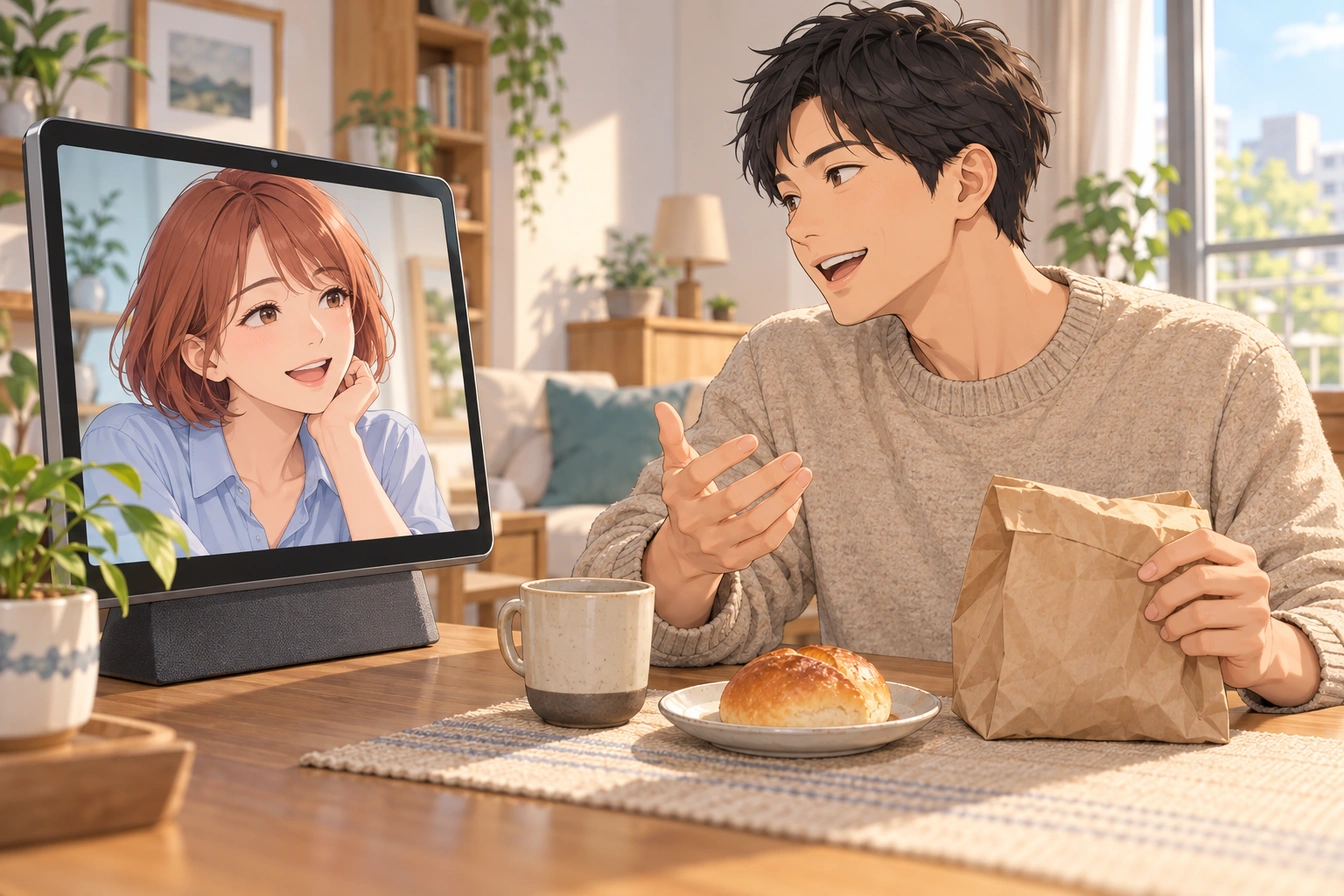 パンを買った日の出来事を、画面内の成人AIキャラに話す架空の場面