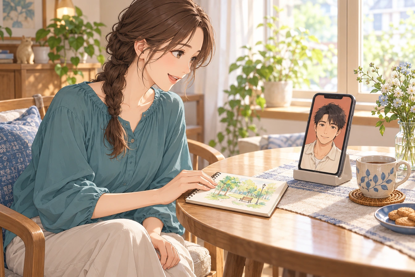 公園のスケッチを前に、スマートフォン内の架空の相手役へ近況を話す成人女性のイラスト