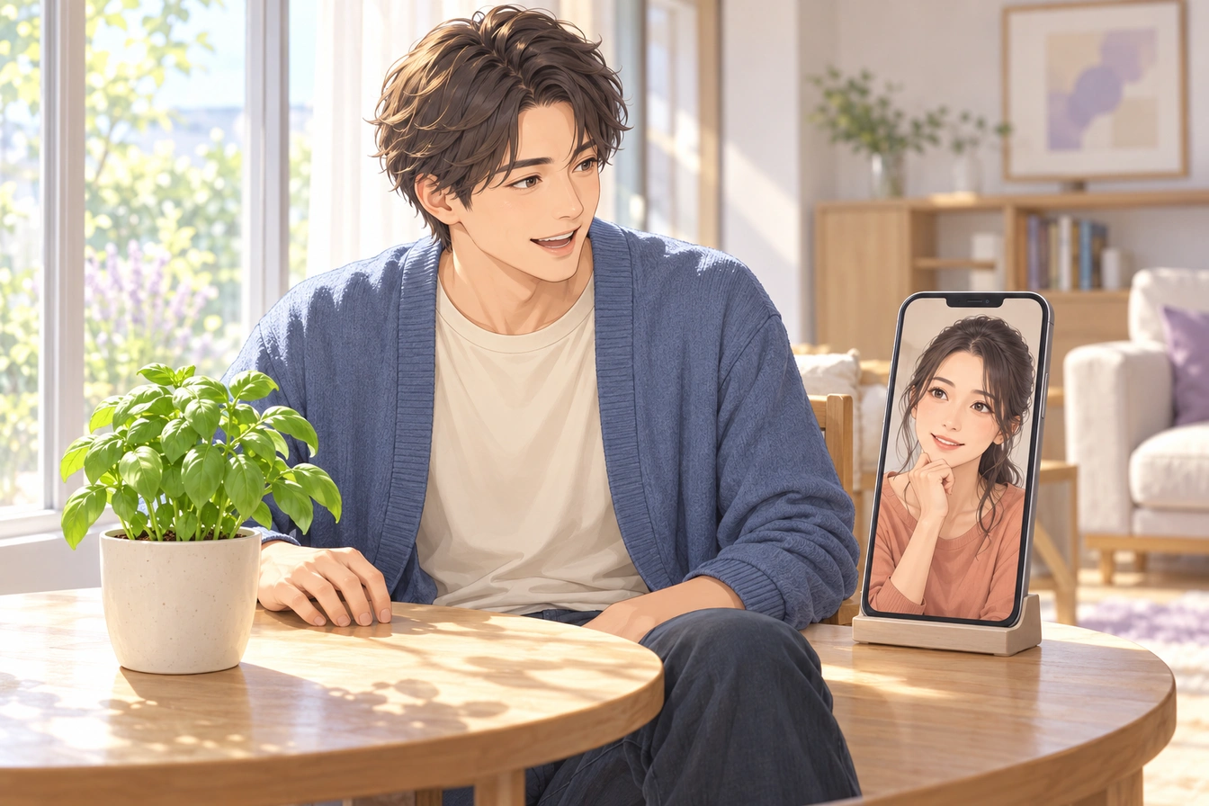 窓辺のハーブを前に、スマートフォンの中の架空の相手へ近況を話す成人男性のイラスト