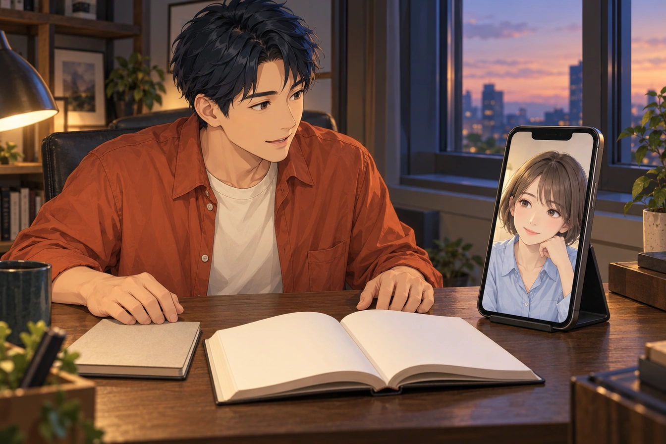 読書中の成人男性が、スマホの画面内にいる架空のAI相手へ話しかける生成イメージ