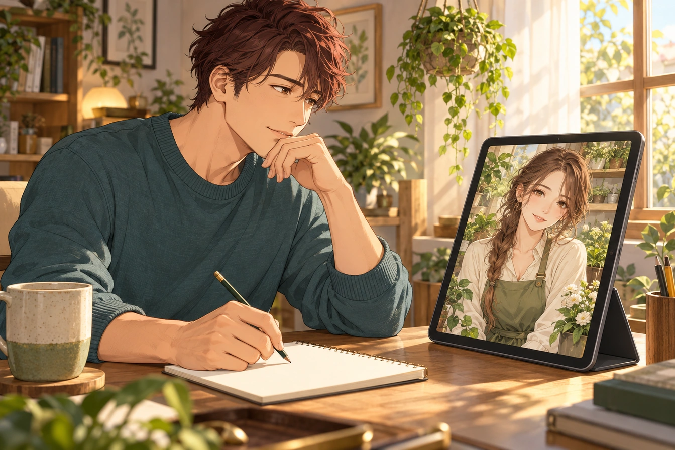 成人男性が、タブレット画面内の架空の植物店スタッフ風キャラのあいさつを考える生成イメージ