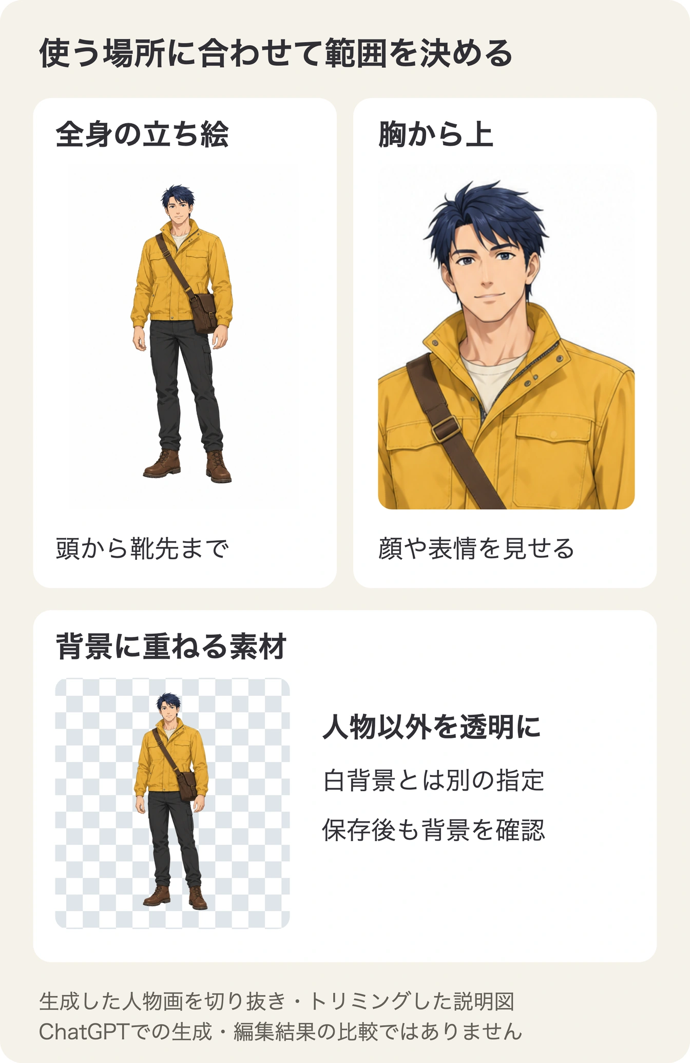 架空の成人の配達員風キャラで、全身・胸から上・背景に重ねる素材の違いを示した図