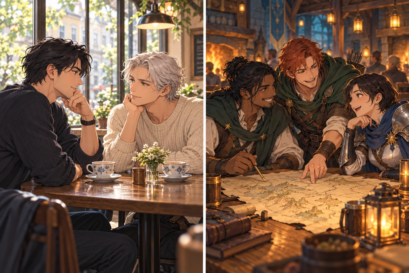Two imagined ways to play: a quiet cafe conversation between two adults, and three adult fantasy travellers planning an adventure.