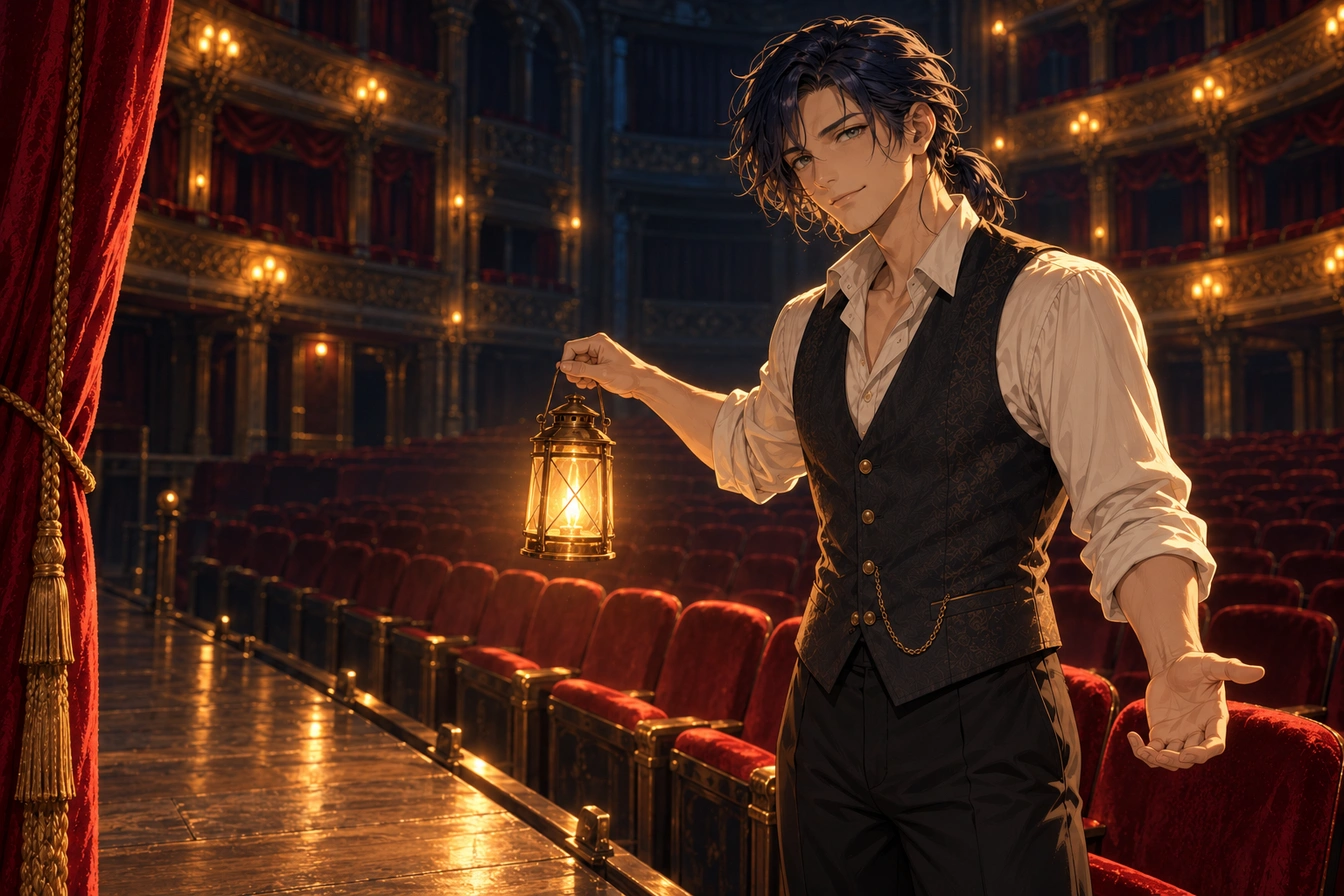 Rowan, the fictional adult theatre caretaker, directs a lantern toward the empty audience seats at the start of the search. No letter has been found.
