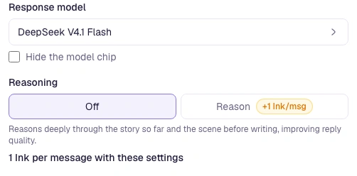 Response settings showing DeepSeek V4.1 Flash, Reasoning Off, and a total of 1 Ink per message