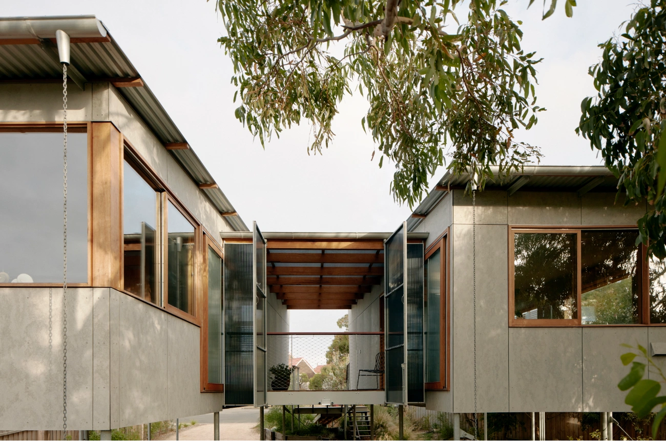 Outside view of Eucalypt house looking open hallway
